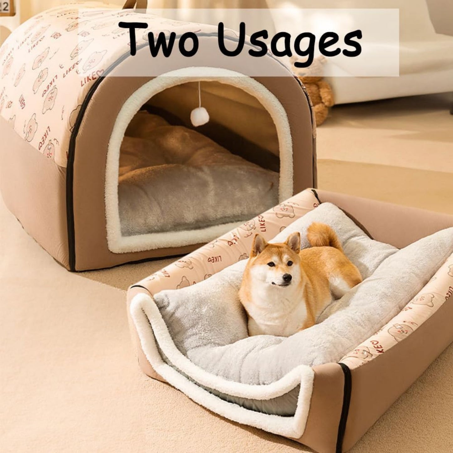 Dog Bed House, 2 Ways to Use, Indoor Pet House for Cats and Small Dogs with Fluffy Mat, Removable and Washable Cover, Splash-Proof House and Non-Slip Bottom