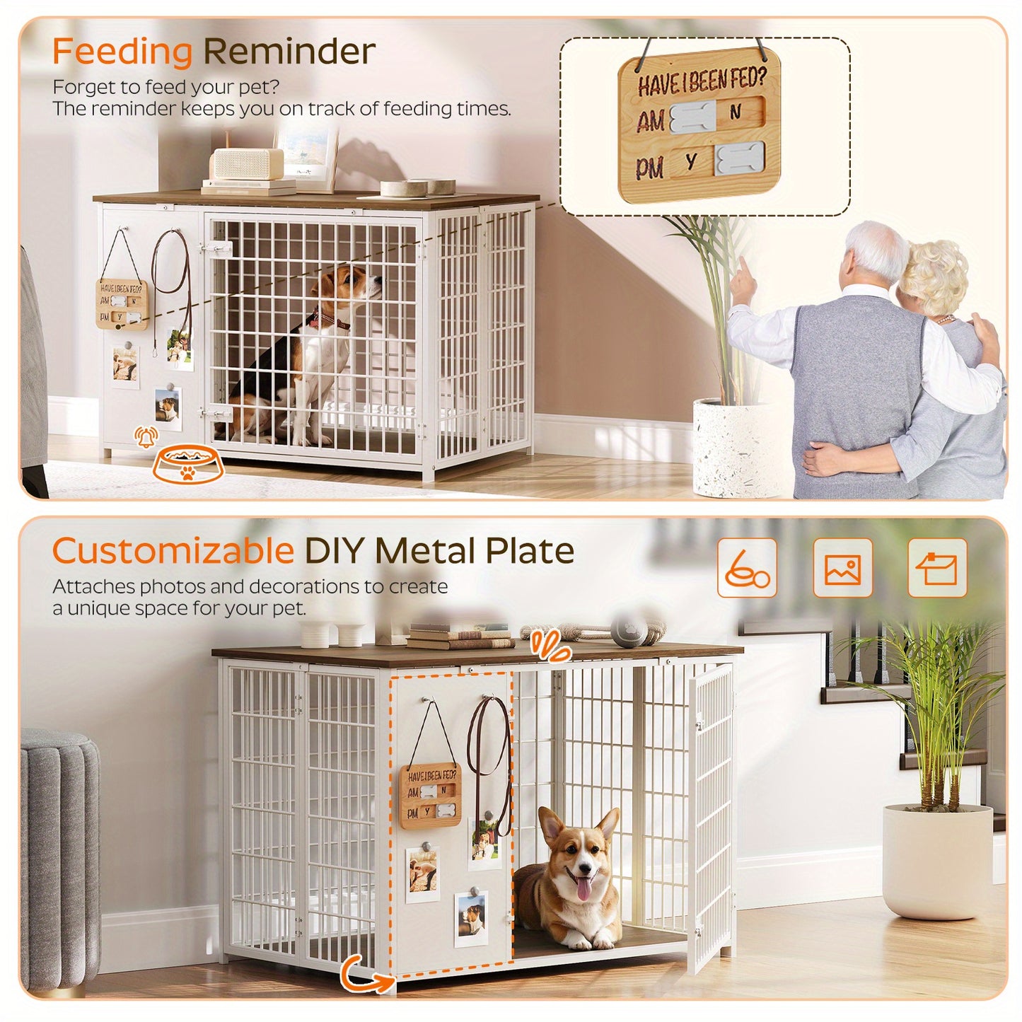 Foldable Dog Crate Furniture, Heavy Duty Dog Kennel Indoor with Hooks, Dog Crate with DIY Frame, Wooden Dog Cage End Table, for Small\Medium Dogs, White and Walnut