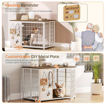 Foldable Dog Crate Furniture, Heavy Duty Dog Kennel Indoor with Hooks, Dog Crate with DIY Frame, Wooden Dog Cage End Table, for Small\Medium Dogs, White and Walnut