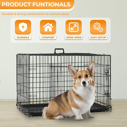 Small Dog Crate Kennel 24 Dog Cage Double- Door Folding Travel Indoor Outdoor Puppy Playpen with Divider and Handle Tray, Black, All Season, Dog Crate for Small Dogs, Portable Dog Crate, Indoor Pet Enclosure, Outdoor Pet Pen