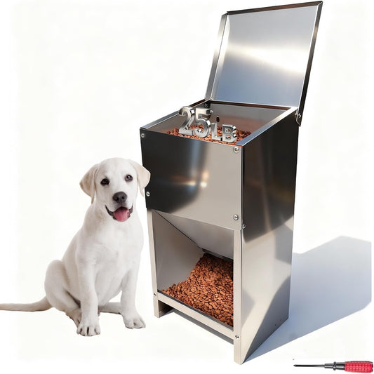 Dog Food Feeder for 25 Lb Kibble - Stainless Steel Natural Color Anti - Corrosion - Automatic Food Dispenser Gravity Self Feeding Outdoor for Medium, Large Dog Breeds