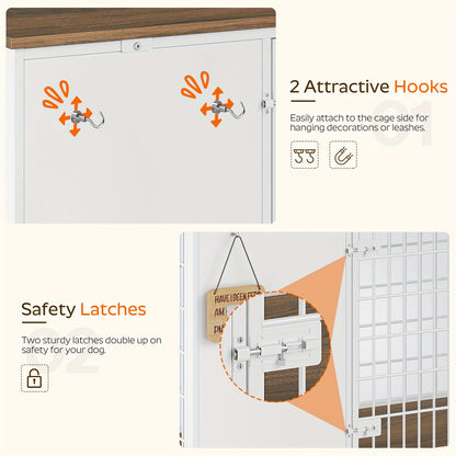 Foldable Dog Crate Furniture, Heavy Duty Dog Kennel Indoor with Hooks, Dog Crate with DIY Frame, Wooden Dog Cage End Table, for Small\Medium Dogs, White and Walnut