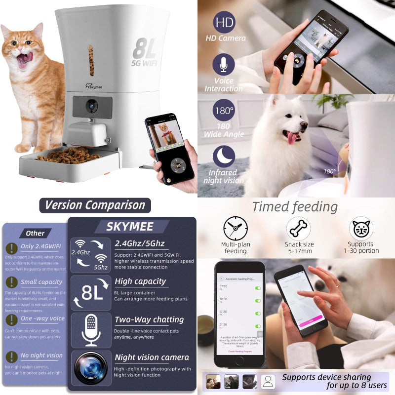 8L 2.4G and 5G WiFi Aautomatic Large Dog Feeder and Automatic cat feeders -1080P Full HD Pet Camera Treat Dispenser with Night Vision