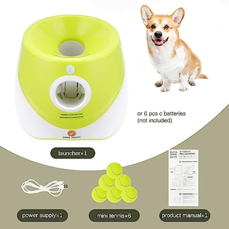 Automatic Dog Ball Launcher with 3 Range Modes, 6 Mini Tennis Balls & Data Cable Plug-in Automatic Operation, Indoor\Outdoor Interactive Ball Thrower for Small\Medium Dogs, for Puppy Training & Solo Play