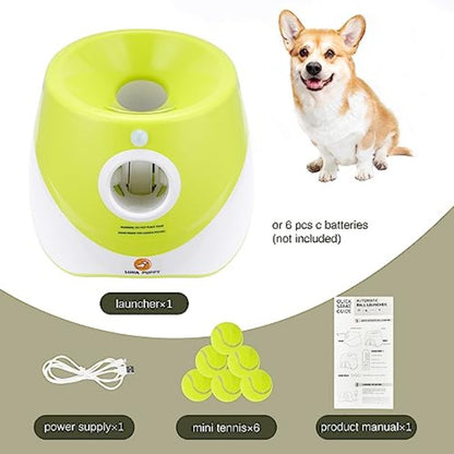 Automatic Dog Ball Launcher with 3 Range Modes, 6 Mini Tennis Balls & Data Cable Plug-in Automatic Operation, Indoor\Outdoor Interactive Ball Thrower for Small\Medium Dogs, for Puppy Training & Solo Play
